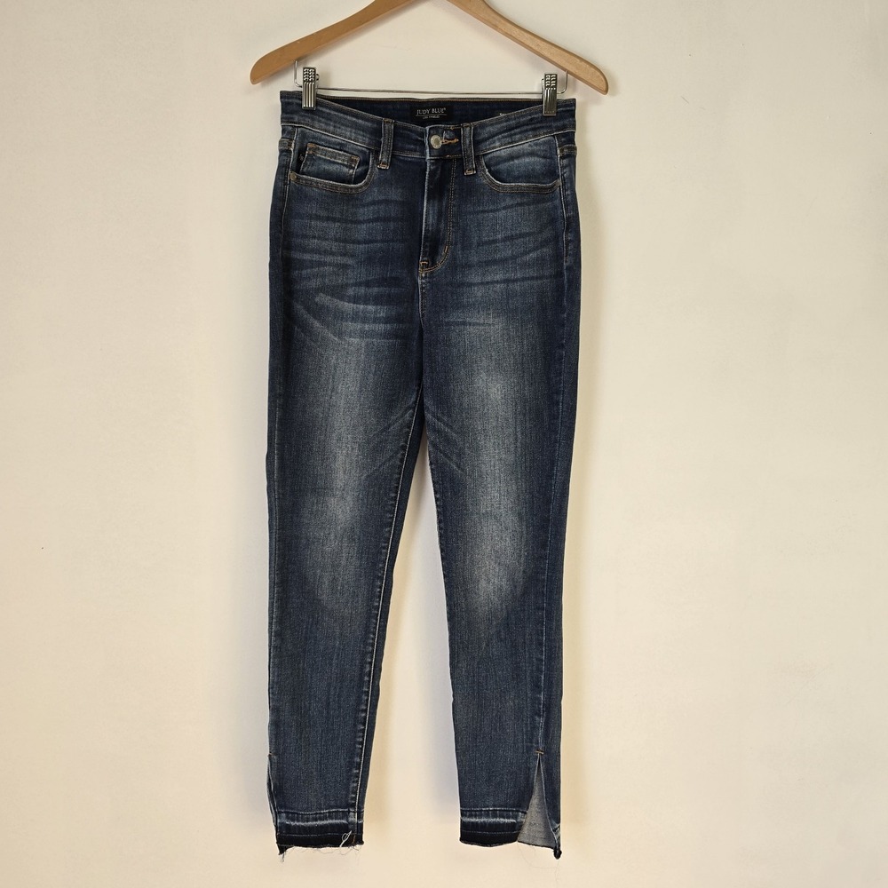 Judy Blue Size 5/27 Skinny Jeans Stretch Raw Slit Hem Dark Blue High Rise Denim
